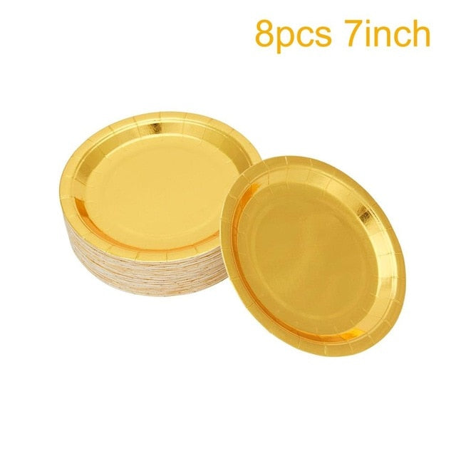 High Quality Hot Stamping Gold Disposable Tableware Gold Plate/Napkin/Cup Adult Happy Birthday Party Decor Kids Wedding Supplies