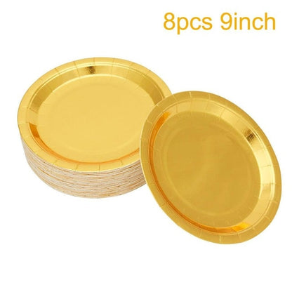 High Quality Hot Stamping Gold Disposable Tableware Gold Plate/Napkin/Cup Adult Happy Birthday Party Decor Kids Wedding Supplies