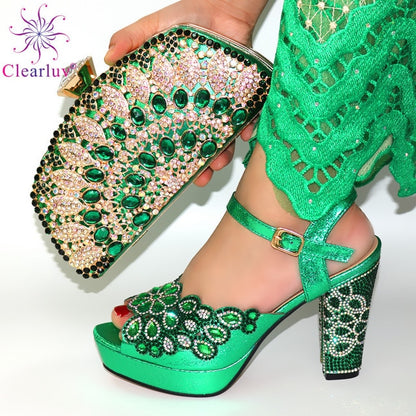 2020 NEW GREEN With Print Desgin Shoes And Evening Bag Set Hot Sale Sandal Shoes With Handbag  Heel Height 11.5CM