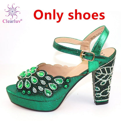 2020 NEW GREEN With Print Desgin Shoes And Evening Bag Set Hot Sale Sandal Shoes With Handbag  Heel Height 11.5CM