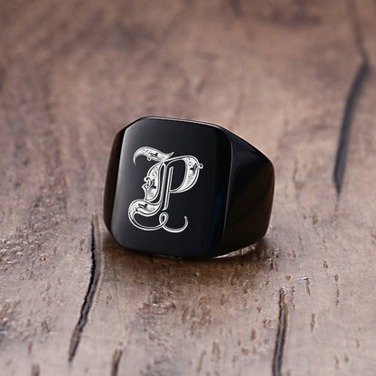 Vnox 18mm Chunky Signet Ring for Men Black Stainless Steel Engraved Royal Initialen Latter Initial Stamp Ring Custom Jewelry