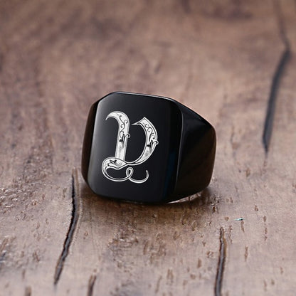 Vnox 18mm Chunky Signet Ring for Men Black Stainless Steel Engraved Royal Initialen Latter Initial Stamp Ring Custom Jewelry