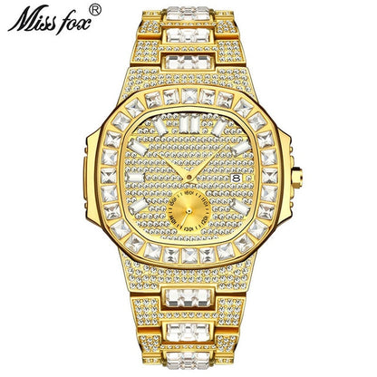 MISSFOX Iced Out Watches Men Top Brand Luxury Watch Men Full Diamond Quartz-watch Bling Bling Hiphop Hot Rapper's Jewelry Watch