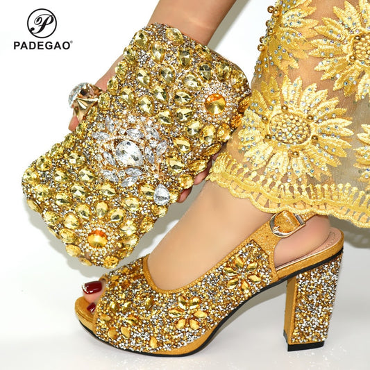 2020 Leisure Style Super High Heels Italian Shoes with Matching Bag for Woman African Shoes and Bag Set in Gold Color