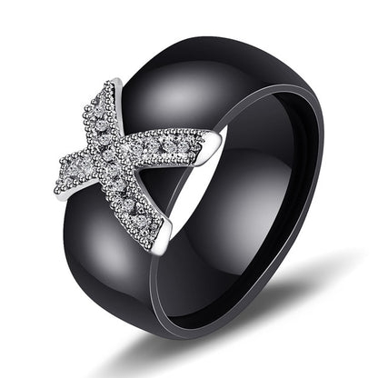 6mm White Black Ceramic Rings Plus Cubic Zirconia For Women Gold Color Stainless Steel Women Wedding Ring Engagement Jewelry