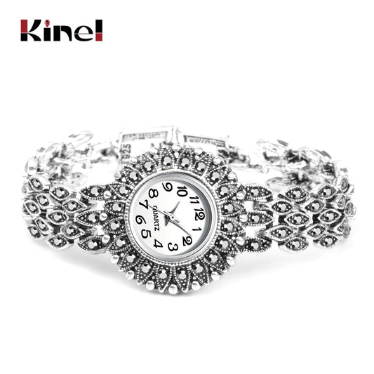 Kinel Fashion Antique Tibetan Silver Quartz Wristwatch Women's Bracelet Watches Luxury Lady Dress Watches Crystal Jewelry Gifts