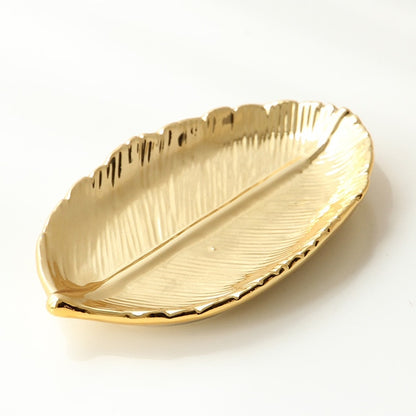 Decorative Gold Leaf Ceramic Plate Dish Porcelain Candy Trinket Dish Jewelry Fruit Serving Tray Storage Plate Crockery Tableware