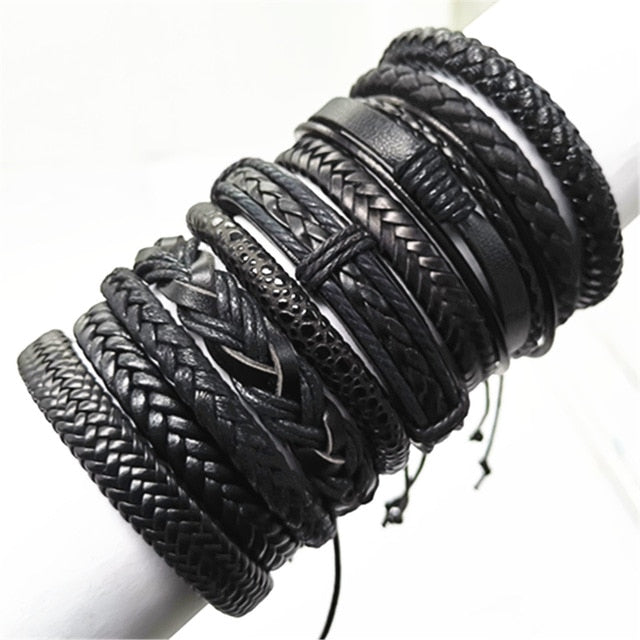 10pcs/set Black Wrap Woven New Fashion Handmade Men Bracelets Male Women Leather Bracelet Men Bangle Wholesale Jewelry Gift