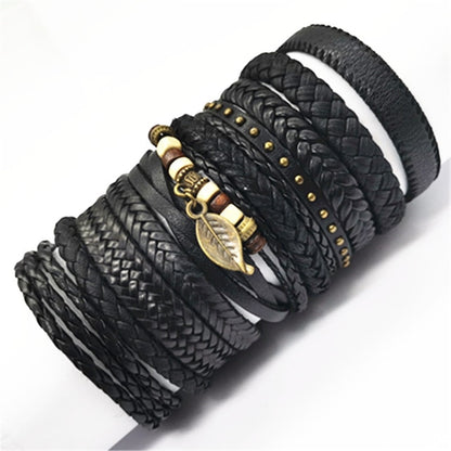 10pcs/set Black Wrap Woven New Fashion Handmade Men Bracelets Male Women Leather Bracelet Men Bangle Wholesale Jewelry Gift