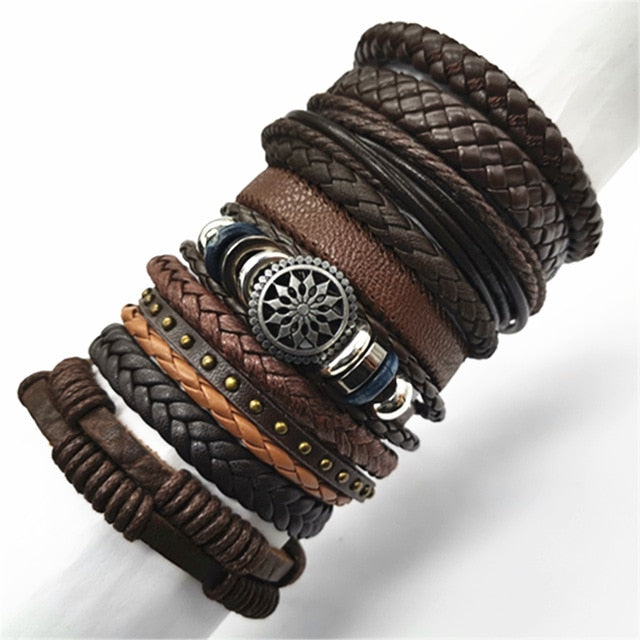 10pcs/set Black Wrap Woven New Fashion Handmade Men Bracelets Male Women Leather Bracelet Men Bangle Wholesale Jewelry Gift