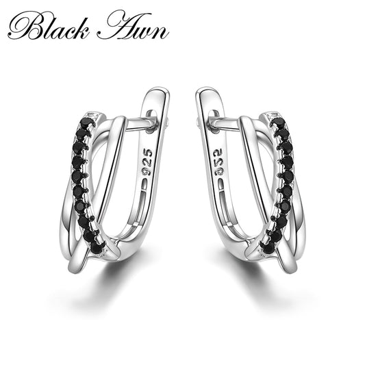 Classic Genuine 925 Sterling Silver Jewelry Black Spinel Stone Cute Stud Earrings for Women Bijoux Femme Boucles d'oreilles I023