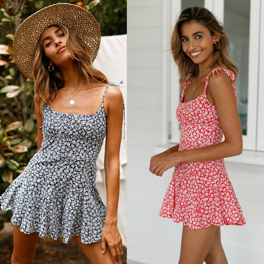 Women's Summer Flowers Print Mini Dress Vintage Boho Bohemian Dresses Beach Short Dress Ladies Summer Casual Sundress Holiday
