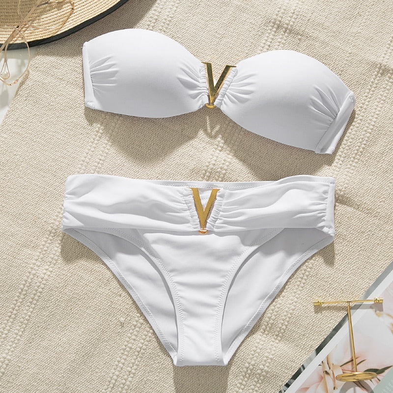 White push up woman swimsuit 2020 new Summer beach sexy bikini set solid swimming suit for women swimwear Bandeau bathing suit