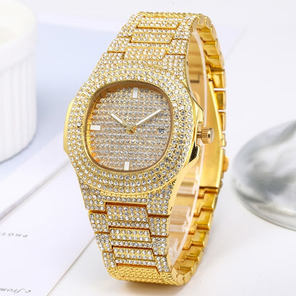 Necklace+Watch+Bracelet Hip Hop Miami Curb Cuban Chain Gold Color Iced Out Paved Rhinestones CZ Bling Rapper Jewelry For Men