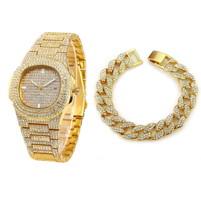 Necklace+Watch+Bracelet Hip Hop Miami Curb Cuban Chain Gold Color Iced Out Paved Rhinestones CZ Bling Rapper Jewelry For Men