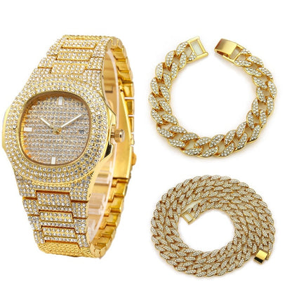 Necklace+Watch+Bracelet Hip Hop Miami Curb Cuban Chain Gold Color Iced Out Paved Rhinestones CZ Bling Rapper Jewelry For Men