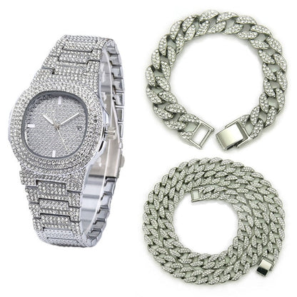 Necklace+Watch+Bracelet Hip Hop Miami Curb Cuban Chain Gold Color Iced Out Paved Rhinestones CZ Bling Rapper Jewelry For Men