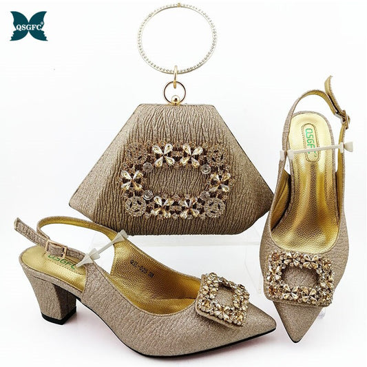 2020 New Arrival Gold Color Italian design Shoes with Matching Bags Set Decorated with Rhinestone Nigerian Women Wedding Shoes