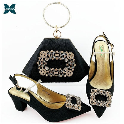 2020 New Arrival Gold Color Italian design Shoes with Matching Bags Set Decorated with Rhinestone Nigerian Women Wedding Shoes