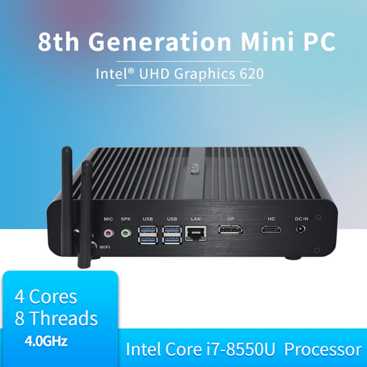 8th Gen Intel Quad Core i7 8550U/8565U DDR4 Fanless Mini PC Wind 10 M.2 Gaminig Computer UHD 620 Graphics