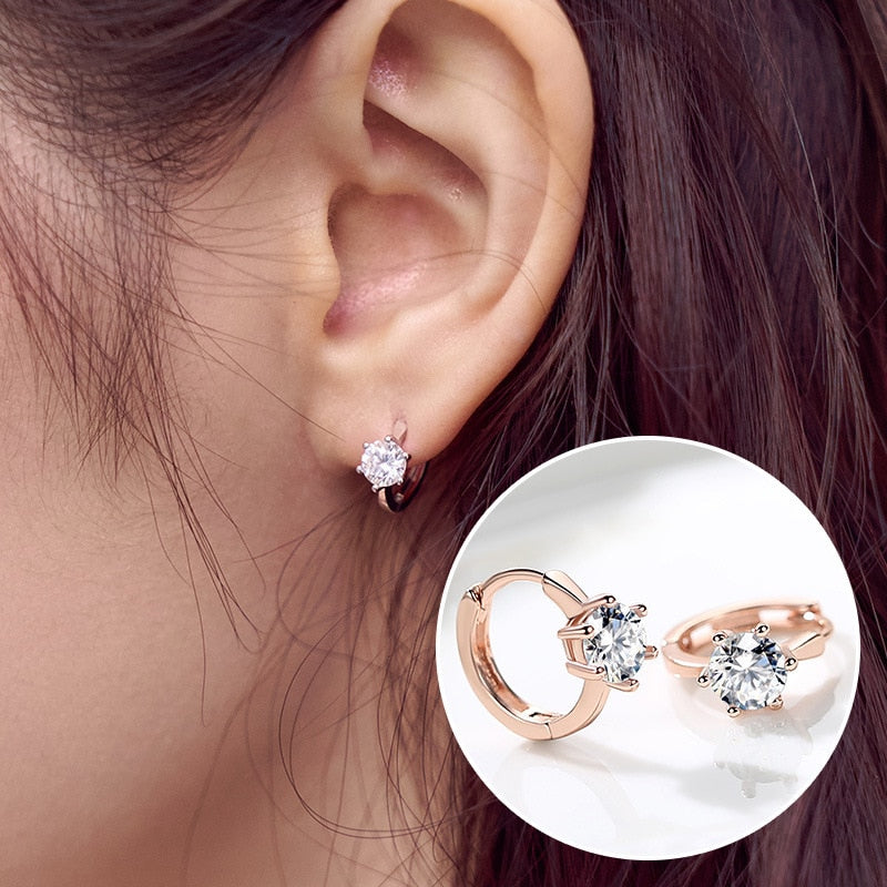 ZHOUYANG Stud Earrings For Women Classic Six Claw Clear AAA+Cubic Zirconia Rose Gold Color Fashion Jewelry For Girls KAE094