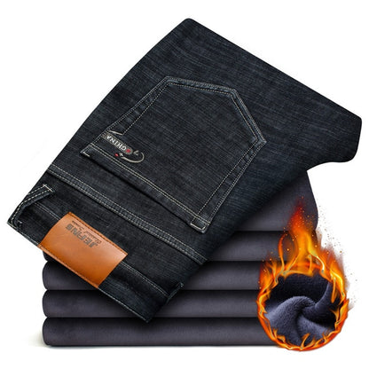 New Winter Warm Fleece Mens Jeans Thick Stretch Denim Jean Straight Male Brand Cotton Pants Men Plus Size 40 42 44 46 Elasticity