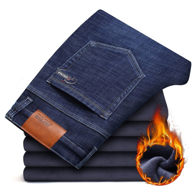 New Winter Warm Fleece Mens Jeans Thick Stretch Denim Jean Straight Male Brand Cotton Pants Men Plus Size 40 42 44 46 Elasticity