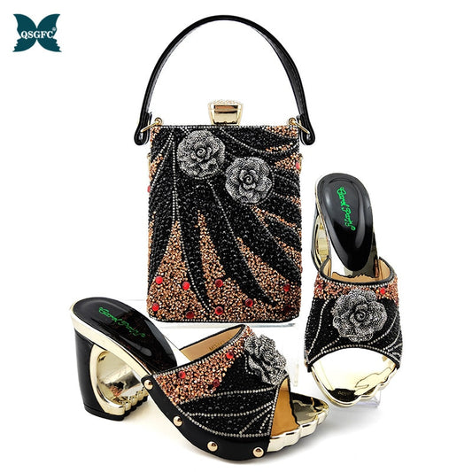 Black Color Latest Shoes and Bags Set Italian matching Sets 2020 Nigerian Shoes and Matching Bags Women Rhinestone Wedding Shoes