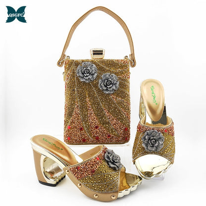 Black Color Latest Shoes and Bags Set Italian matching Sets 2020 Nigerian Shoes and Matching Bags Women Rhinestone Wedding Shoes