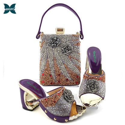 Black Color Latest Shoes and Bags Set Italian matching Sets 2020 Nigerian Shoes and Matching Bags Women Rhinestone Wedding Shoes