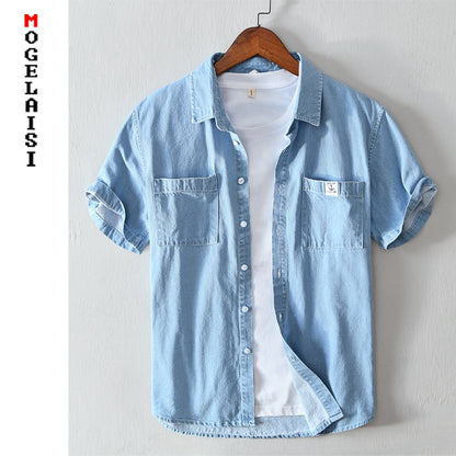 Men casual Denim shirt new 2020 summer short sleeve blue shirt High quality tops Camisa masculina 558