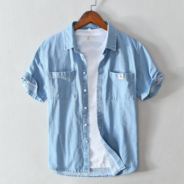 Men casual Denim shirt new 2020 summer short sleeve blue shirt High quality tops Camisa masculina 558