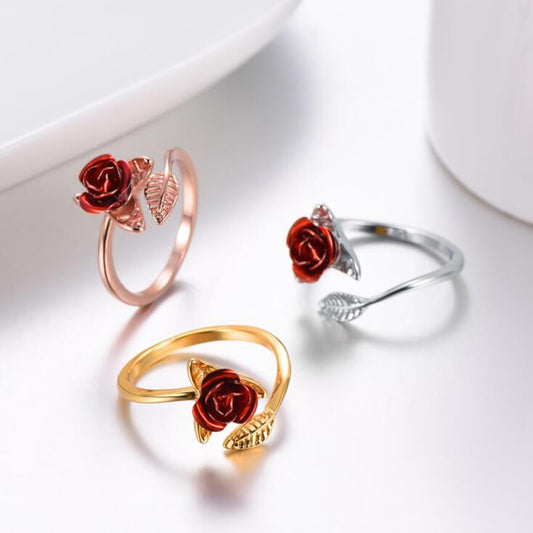 Women Ring Red Rose Garden Flower Leaves Open Ring Resizable Finger Rings For Women Valentine's Day Gift Jewelry