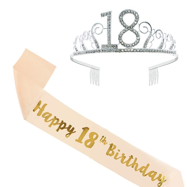 Birthday Party Decoration 18 21 30 40 50 Rose Gold Satin Sash Crystal Crown Tiara Happy Birthday Anniversary Party Supplies