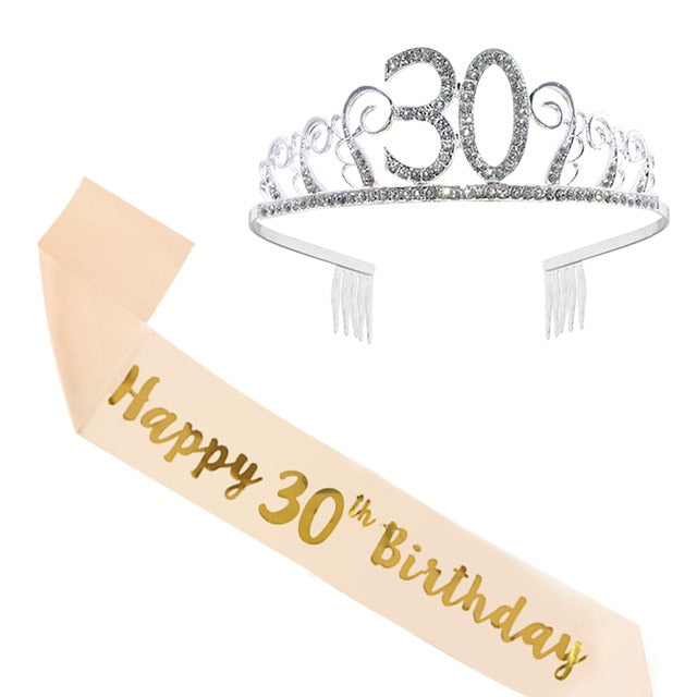 Birthday Party Decoration 18 21 30 40 50 Rose Gold Satin Sash Crystal Crown Tiara Happy Birthday Anniversary Party Supplies