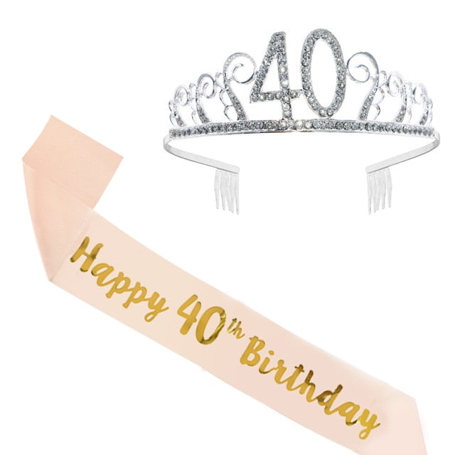 Birthday Party Decoration 18 21 30 40 50 Rose Gold Satin Sash Crystal Crown Tiara Happy Birthday Anniversary Party Supplies