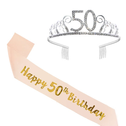 Birthday Party Decoration 18 21 30 40 50 Rose Gold Satin Sash Crystal Crown Tiara Happy Birthday Anniversary Party Supplies