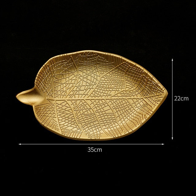 Nordic Luxury Decorative Gold Leaf Plate Dish Candy Trinket Dish Jewelry Fruit Serving Tray Storage Plate Crockery Tableware