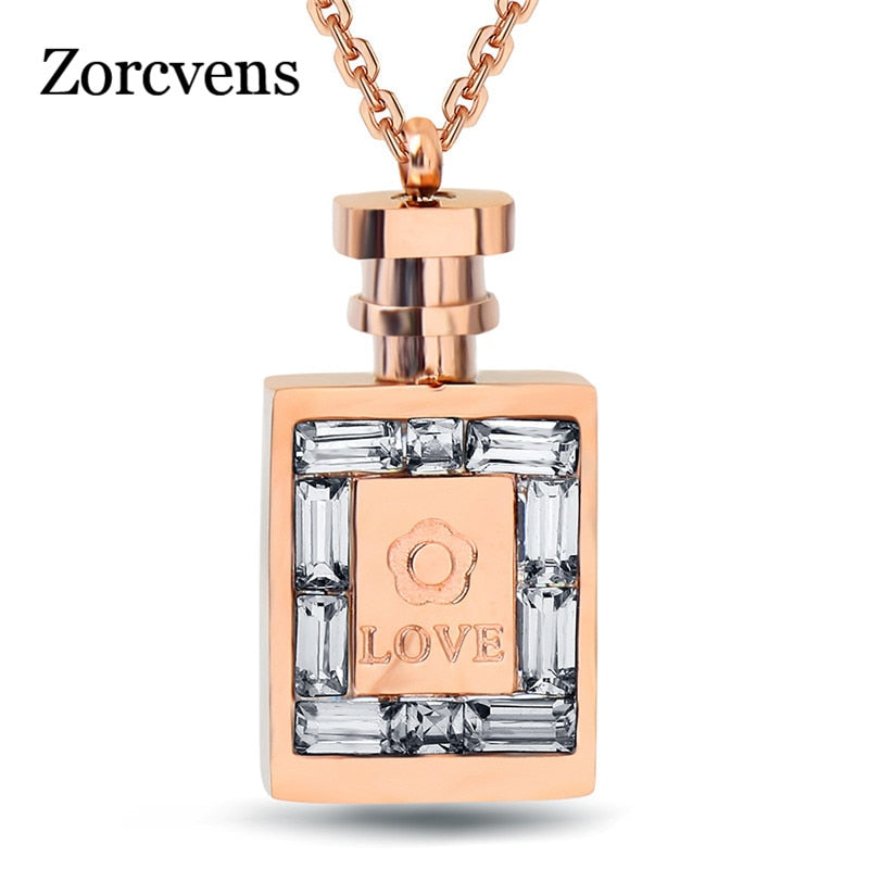 ZORCVENS Fashion 316L Stainless Steel Jewelry luxury women Rose Gold Color Perfume Bottle necklace chain Lady Crystal Jewelry