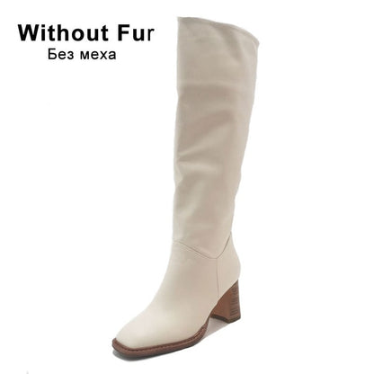 Taoffen Size 34-43 2021 INS Women Knee High Heel Boots Lady Riding Botas Warm Winter Shoes Women Sexy Square Toe Casual Footwear