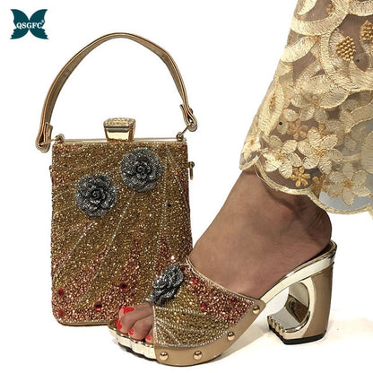 2020 New Arrival Fashionable Italian Shoes and Bag Sets Silver Color Women's Shoes with Appliques for African lady Sandals