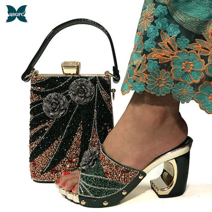 2020 New Arrival Fashionable Italian Shoes and Bag Sets Silver Color Women's Shoes with Appliques for African lady Sandals