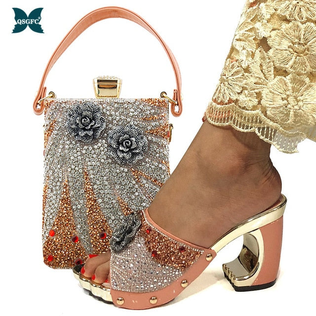 2020 New Arrival Fashionable Italian Shoes and Bag Sets Silver Color Women's Shoes with Appliques for African lady Sandals