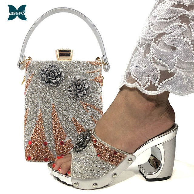 2020 New Arrival Fashionable Italian Shoes and Bag Sets Silver Color Women's Shoes with Appliques for African lady Sandals