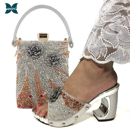 2020 New Arrival Fashionable Italian Shoes and Bag Sets Silver Color Women's Shoes with Appliques for African lady Sandals