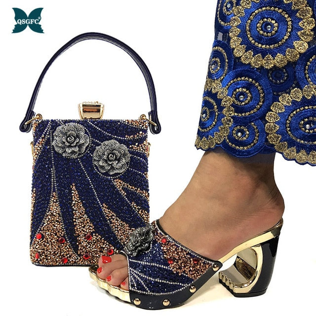2020 New Arrival Fashionable Italian Shoes and Bag Sets Silver Color Women's Shoes with Appliques for African lady Sandals