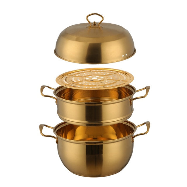 1 Pcs Steamer Pot Stainless Steel Three layer Thick Gold Steamer Pot Soup Steam Pot Cooking Pots Cooker Gas Stove