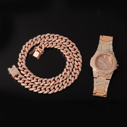 13MM 3pcs Rose Gold Necklace +Watch+Bracelet Hip Hop Miami Curb Cuban Chain Iced Out Paved Rhinestones CZ Bling For Men Jewelry