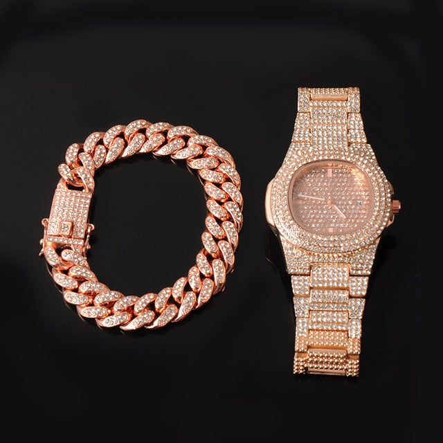 13MM 3pcs Rose Gold Necklace +Watch+Bracelet Hip Hop Miami Curb Cuban Chain Iced Out Paved Rhinestones CZ Bling For Men Jewelry