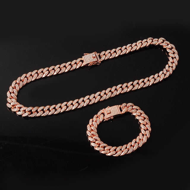 13MM 3pcs Rose Gold Necklace +Watch+Bracelet Hip Hop Miami Curb Cuban Chain Iced Out Paved Rhinestones CZ Bling For Men Jewelry